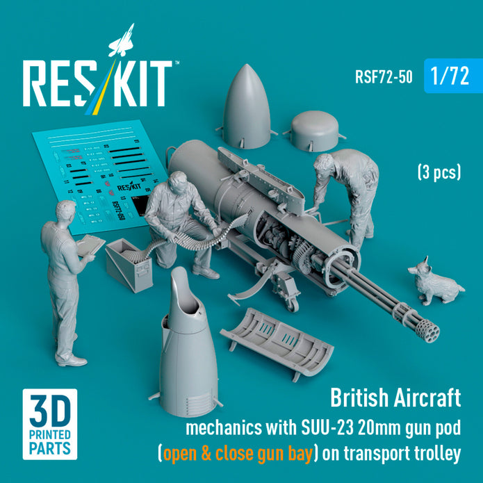 British Aircraft mechanics with SUU-23 20mm gun pod (open & close gun bay) on transport trolley (scene 1) (3 pcs) (3D Printed) Scale 1:72 ResKit RSF72-0050 for Figurines for Aircraft Model Kit