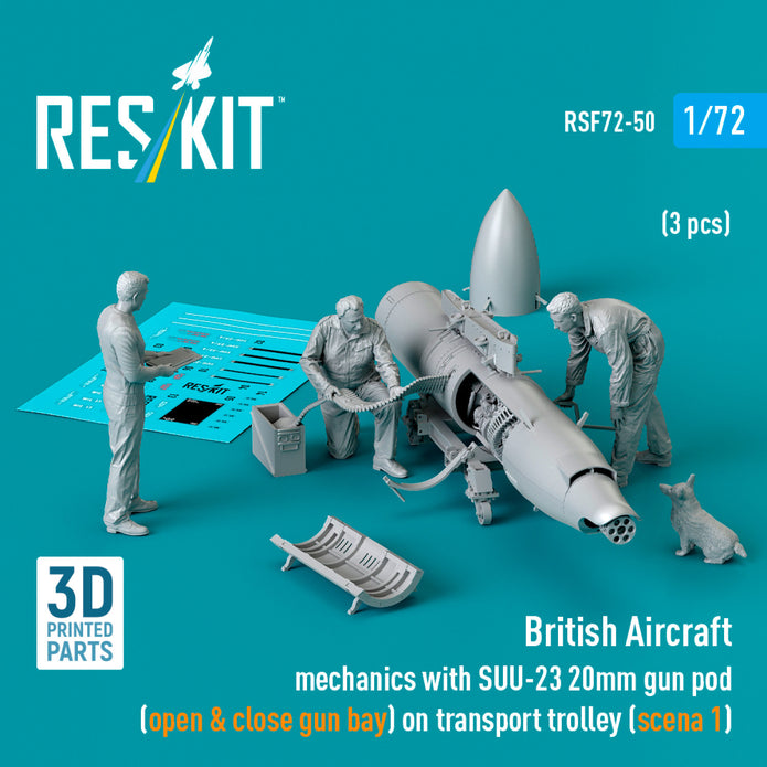 British Aircraft mechanics with SUU-23 20mm gun pod (open & close gun bay) on transport trolley (scene 1) (3 pcs) (3D Printed) Scale 1:72 ResKit RSF72-0050 for Figurines for Aircraft Model Kit