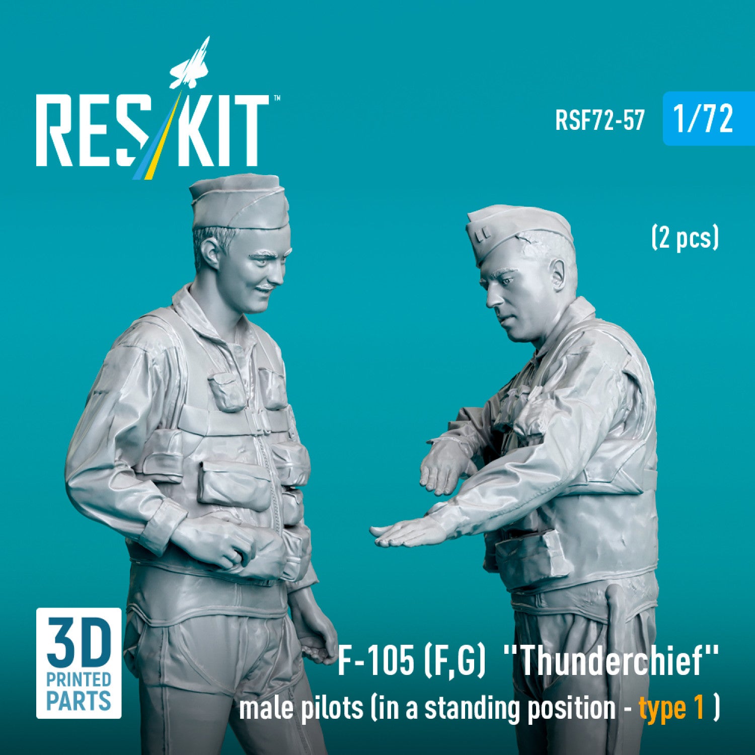 Republic F-105 (F, G) Thunderchief male pilots (in a standing position - type 1 ) (2 pcs) (3D Printed) Scale 1:72 ResKit RSF72-0057 for Figurines for Aircraft Model Kit