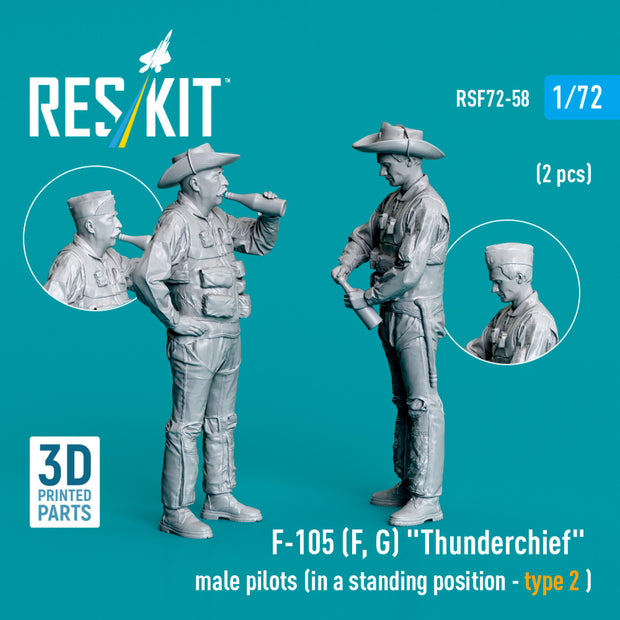 Republic F-105 (F, G) Thunderchief male pilots (in a standing position - type 2 ) (2 pcs) (3D Printed) Scale 1:72 ResKit RSF72-0058 for Figurines for Aircraft Model Kit