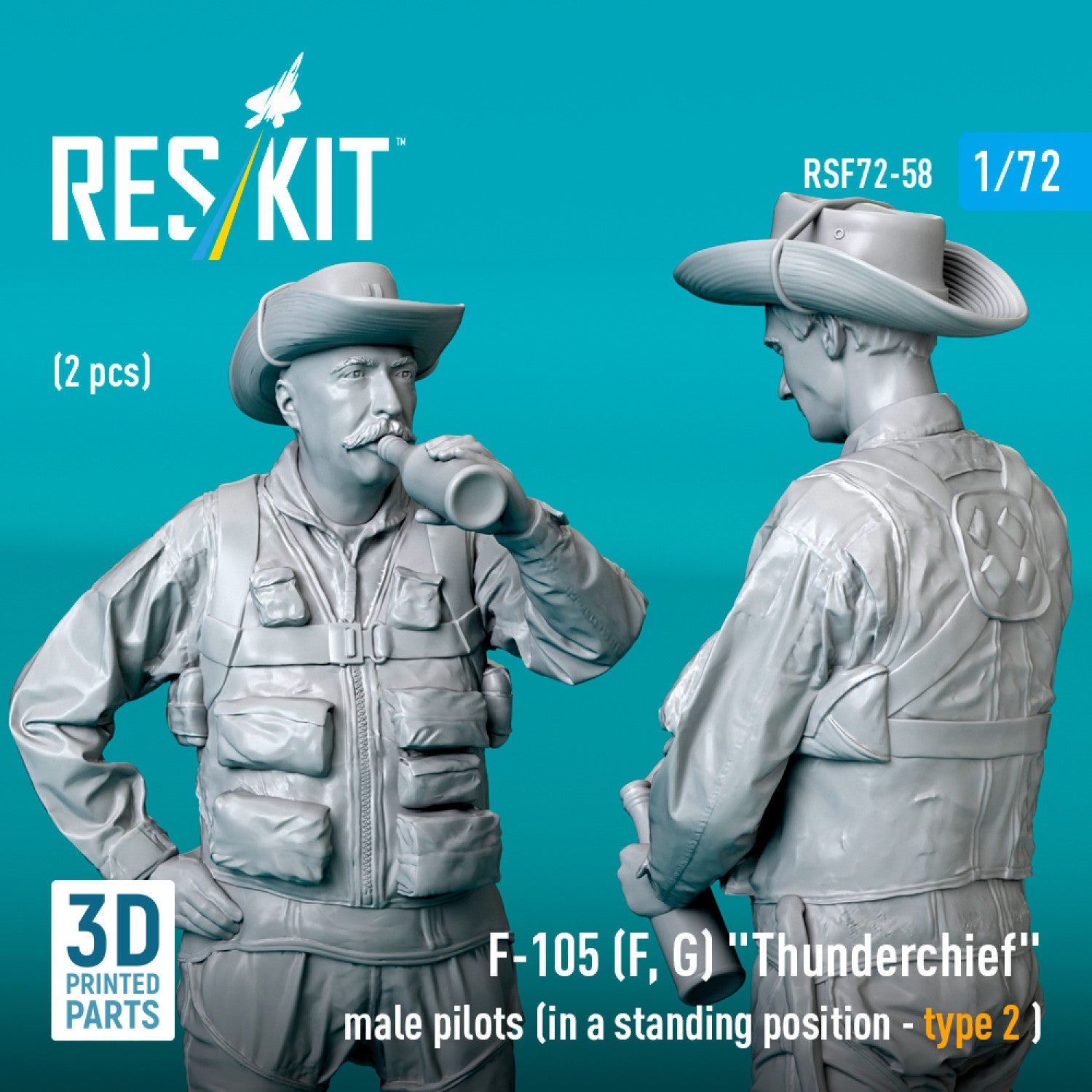 Republic F-105 (F, G) Thunderchief male pilots (in a standing position - type 2 ) (2 pcs) (3D Printed) Scale 1:72 ResKit RSF72-0058 for Figurines for Aircraft Model Kit
