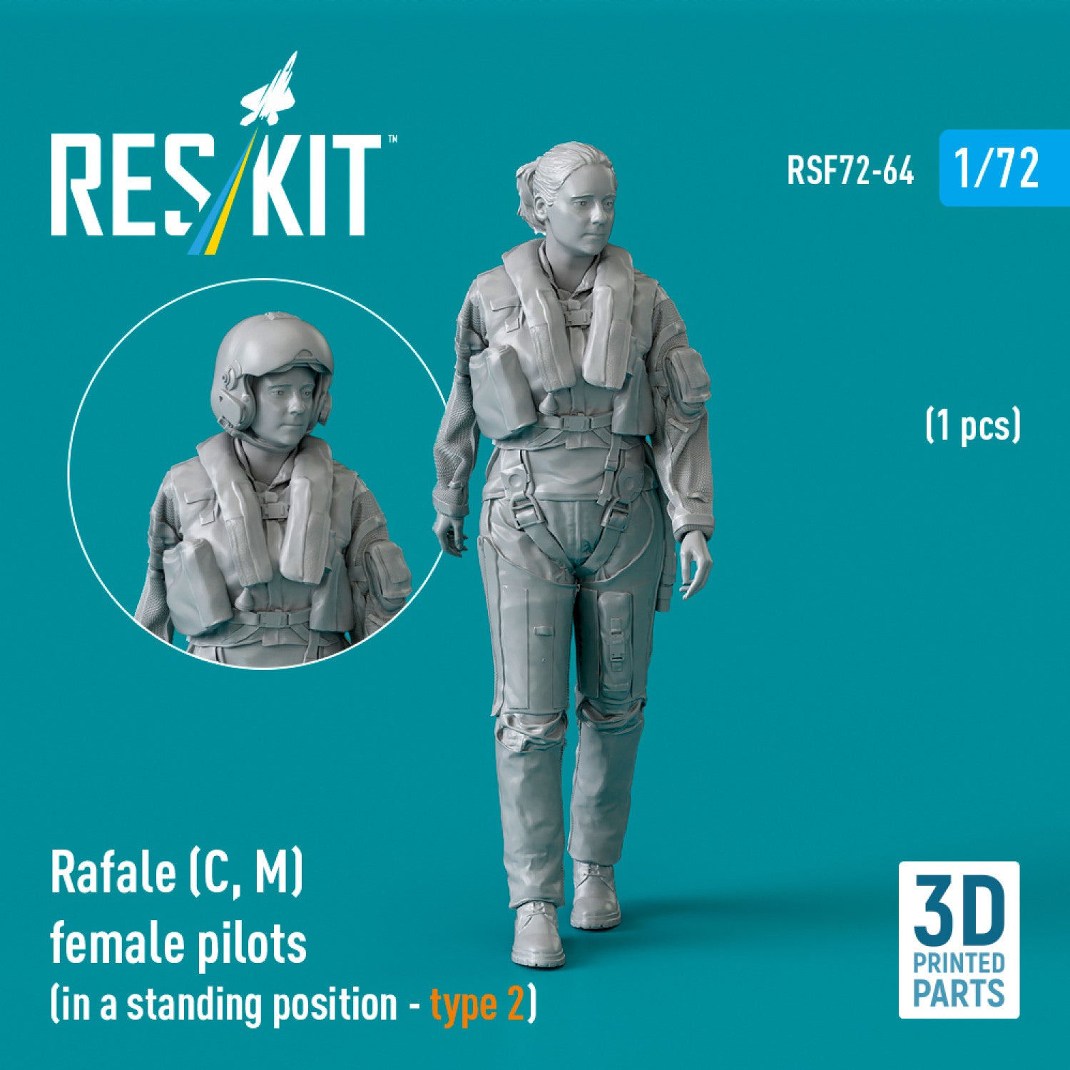 Rafale (C, M) female pilot (in a standing position - type 2) (1 pcs) (3D Printed) Scale 1:72 ResKit RSF72-0064 for Figurines for Aircraft Model Kit