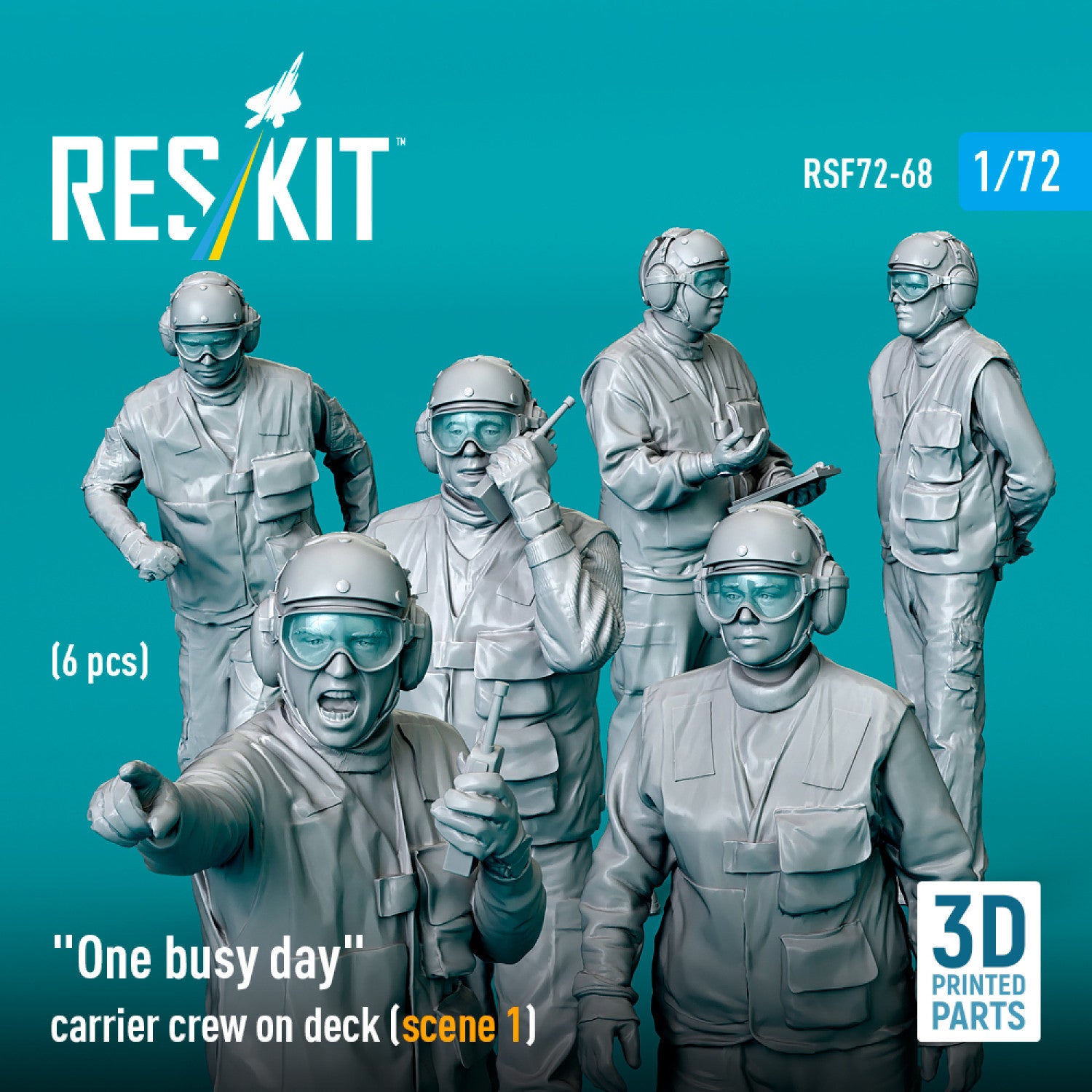 One busy day carrier crew on deck (scene 1) (6 pcs) (3D Printed) Scale 1:72 ResKit RSF72-0068 for Figurines for Aircraft Model Kit