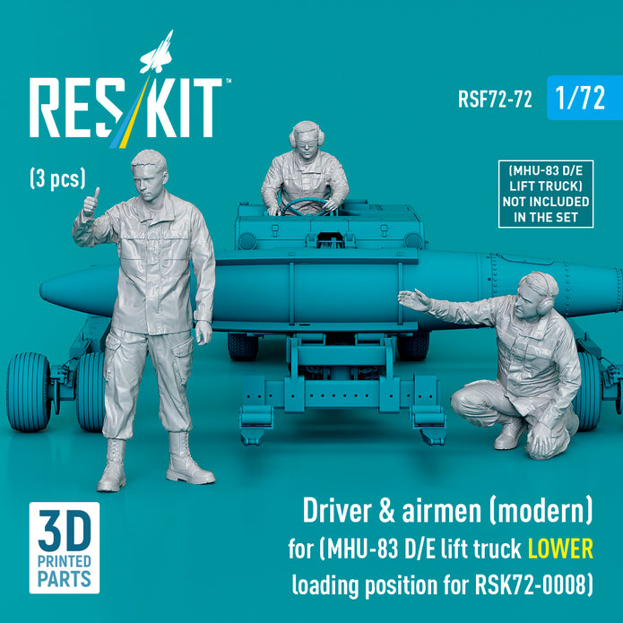 Driver & Airmen (modern) (3 pcs) (MHU-83 D/E Lift Truck LOWER Loading Position for RSK72-0008) (3D Printed) Scale 1:72 ResKit RSF72-0072 for Figurines for Aircraft Model Kit
