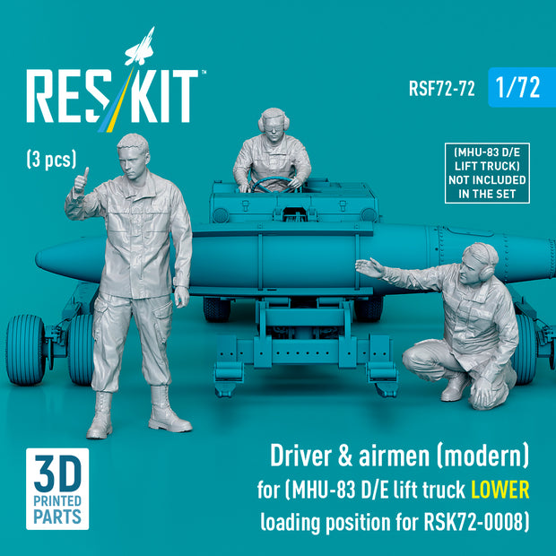 Driver & Airmen (modern) (3 pcs) (MHU-83 D/E Lift Truck LOWER Loading Position for RSK72-0008) (3D Printed) Scale 1:72 ResKit RSF72-0072 for Figurines for Aircraft Model Kit