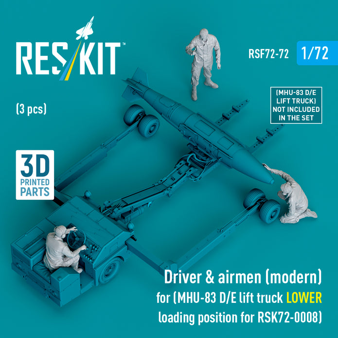 Driver & Airmen (modern) (3 pcs) (MHU-83 D/E Lift Truck LOWER Loading Position for RSK72-0008) (3D Printed) Scale 1:72 ResKit RSF72-0072 for Figurines for Aircraft Model Kit