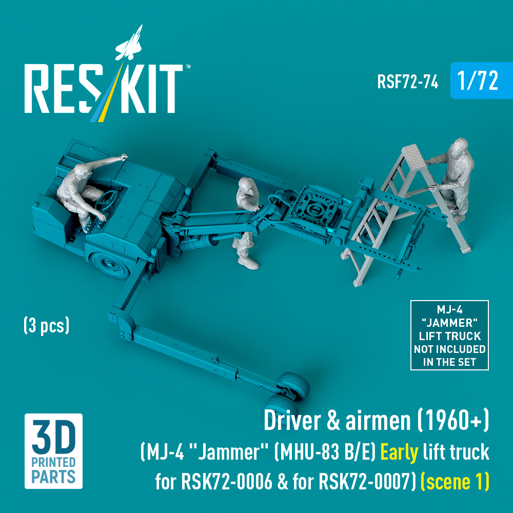Driver & Airmen (1960+) (3 pcs) (MJ-4 Jammer (MHU-83 B/E) Early Lift Truck for RSK72-0006 & for RSK72-0007) (scene 1) (3D Printed) Scale 1:72 ResKit RSF72-0074 for Figurines for Aircraft Model Kit