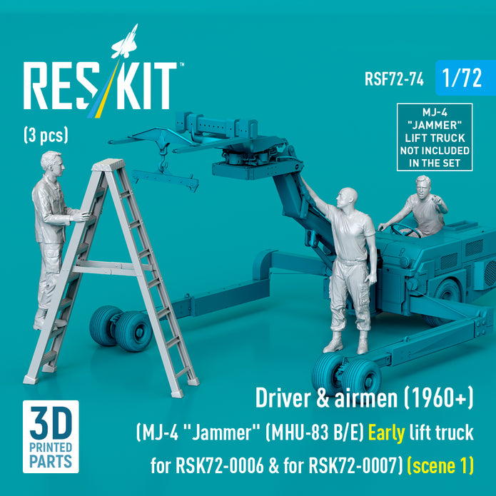 Driver & Airmen (1960+) (3 pcs) (MJ-4 Jammer (MHU-83 B/E) Early Lift Truck for RSK72-0006 & for RSK72-0007) (scene 1) (3D Printed) Scale 1:72 ResKit RSF72-0074 for Figurines for Aircraft Model Kit