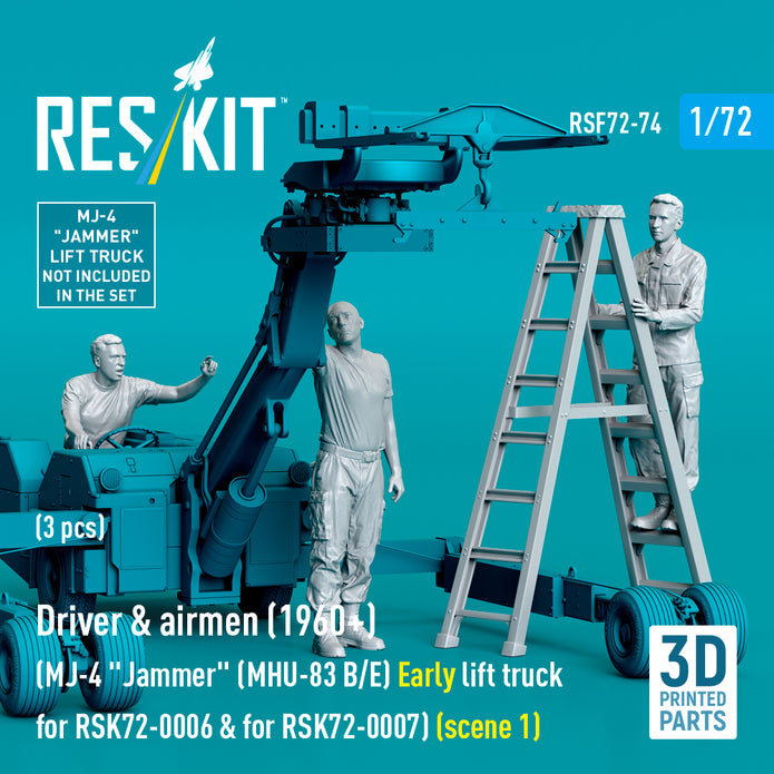Driver & Airmen (1960+) (3 pcs) (MJ-4 Jammer (MHU-83 B/E) Early Lift Truck for RSK72-0006 & for RSK72-0007) (scene 1) (3D Printed) Scale 1:72 ResKit RSF72-0074 for Figurines for Aircraft Model Kit