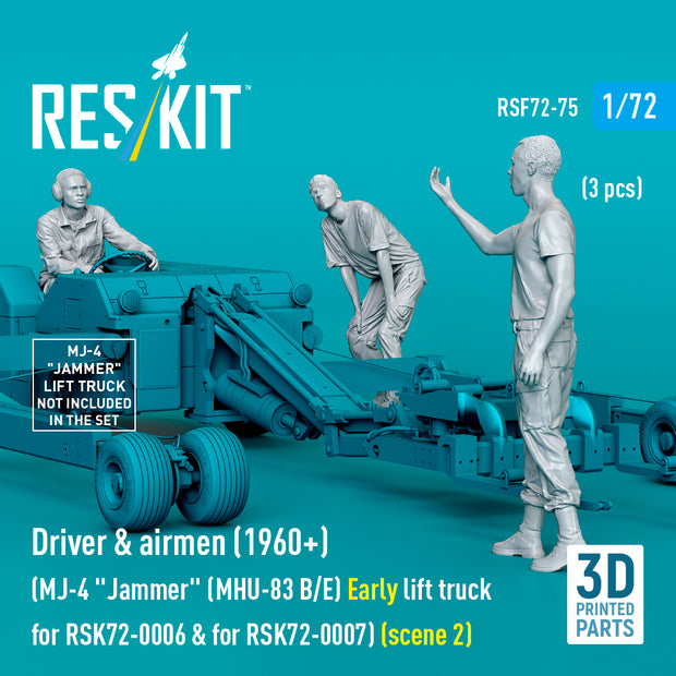 Driver & Airmen (1960+) (3 pcs) (MJ-4 Jammer (MHU-83 B/E) Early Lift Truck for RSK72-0006 & for RSK72-0007) (scene 2) (3D Printed) Scale 1:72 ResKit RSF72-0075 for Figurines for Aircraft Model Kit