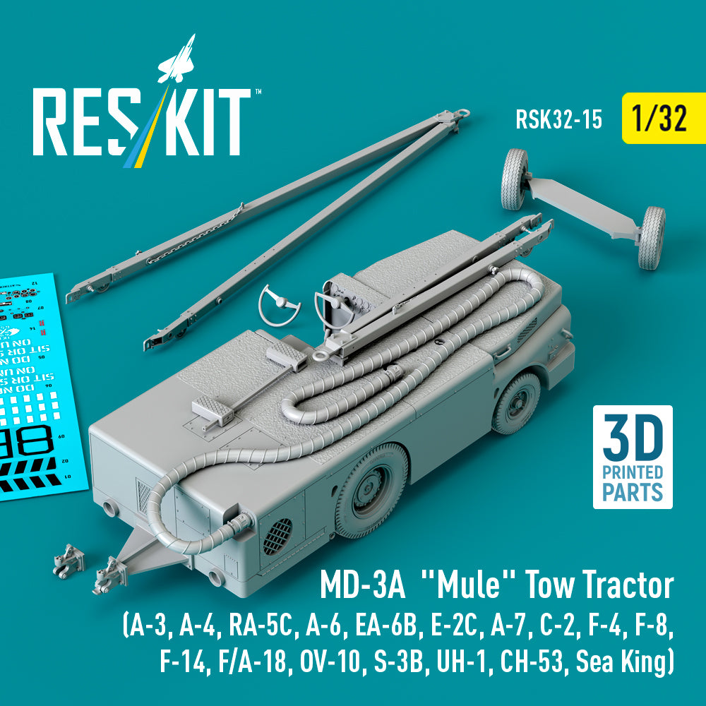 MD-3A Mule Tow Tractor (A-3, A-4, RA-5C, A-6, EA-6B, E-2C, A-7, C-2, F-4, F-8, F-14, F/A-18, OV-10, S-3B, UH-1, CH-53, Sea King) (3D Printed model kit) Scale 1:32 ResKit RSK32-0015