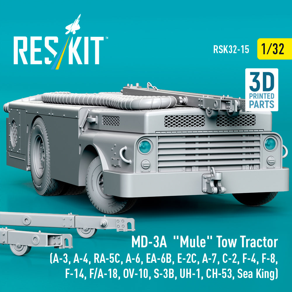 MD-3A Mule Tow Tractor (A-3, A-4, RA-5C, A-6, EA-6B, E-2C, A-7, C-2, F-4, F-8, F-14, F/A-18, OV-10, S-3B, UH-1, CH-53, Sea King) (3D Printed model kit) Scale 1:32 ResKit RSK32-0015