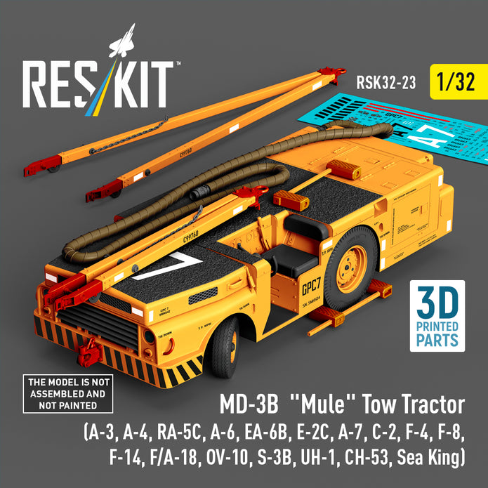 MD-3B Mule Tow Tractor (A-3, A-4, RA-5C, A-6, EA-6B, E-2C, A-7, C-2, F-4, F-8, F-14, F/A-18, OV-10, S-3B, UH-1, CH-53, Sea King) (3D Printed model kit) Scale 1:32 ResKit RSK32-0023