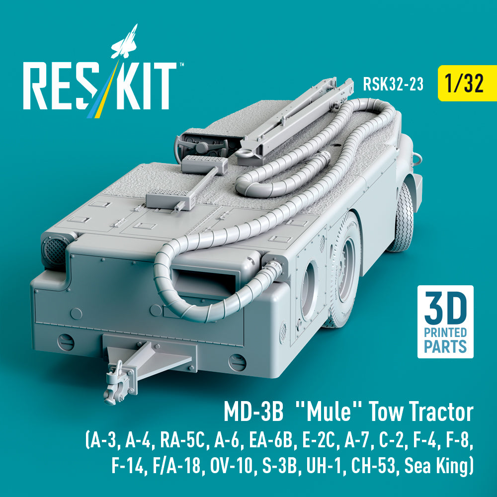 MD-3B Mule Tow Tractor (A-3, A-4, RA-5C, A-6, EA-6B, E-2C, A-7, C-2, F-4, F-8, F-14, F/A-18, OV-10, S-3B, UH-1, CH-53, Sea King) (3D Printed model kit) Scale 1:32 ResKit RSK32-0023