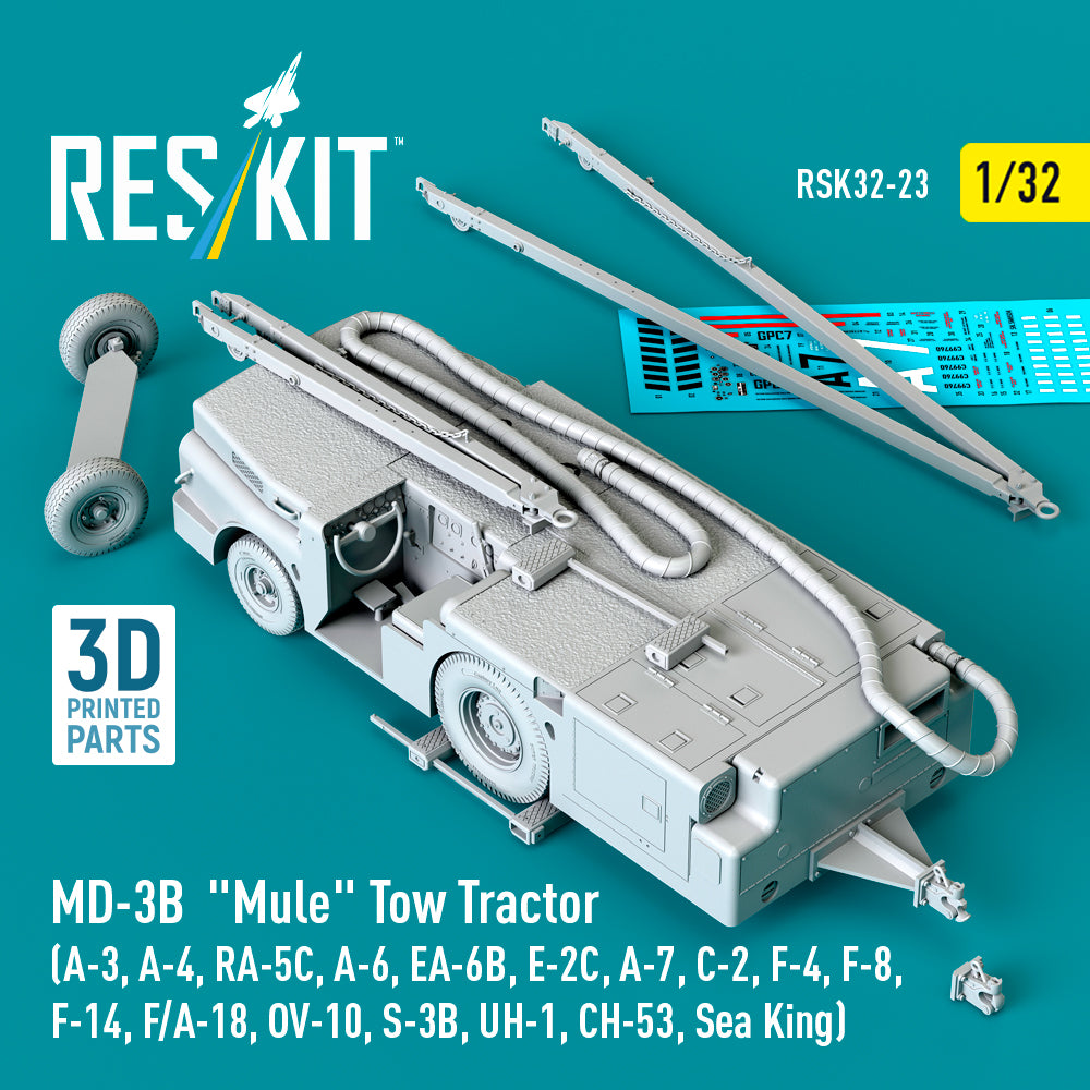 MD-3B Mule Tow Tractor (A-3, A-4, RA-5C, A-6, EA-6B, E-2C, A-7, C-2, F-4, F-8, F-14, F/A-18, OV-10, S-3B, UH-1, CH-53, Sea King) (3D Printed model kit) Scale 1:32 ResKit RSK32-0023