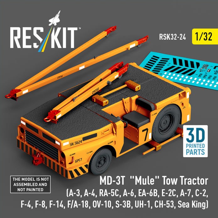 MD-3T Mule Tow Tractor (A-3, A-4, RA-5C, A-6, EA-6B, E-2C, A-7, C-2, F-4, F-8, F-14, F/A-18, OV-10, S-3B, UH-1, CH-53, Sea King) (3D Printed model kit) Scale 1:32 ResKit RSK32-0024