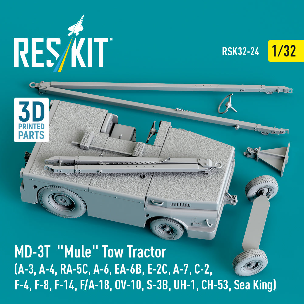 MD-3T Mule Tow Tractor (A-3, A-4, RA-5C, A-6, EA-6B, E-2C, A-7, C-2, F-4, F-8, F-14, F/A-18, OV-10, S-3B, UH-1, CH-53, Sea King) (3D Printed model kit) Scale 1:32 ResKit RSK32-0024