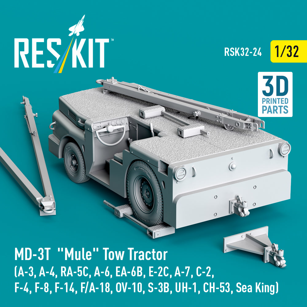 MD-3T Mule Tow Tractor (A-3, A-4, RA-5C, A-6, EA-6B, E-2C, A-7, C-2, F-4, F-8, F-14, F/A-18, OV-10, S-3B, UH-1, CH-53, Sea King) (3D Printed model kit) Scale 1:32 ResKit RSK32-0024