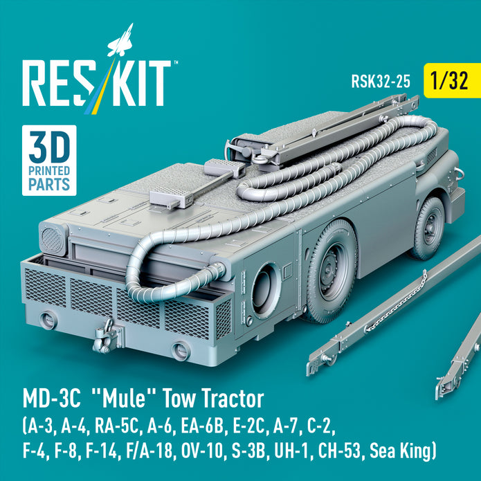 MD-3C Mule Tow Tractor (A-3, A-4, RA-5C, A-6, EA-6B, E-2C, A-7, C-2, F-4, F-8, F-14, F/A-18, OV-10, S-3B, UH-1, CH-53, Sea King) (3D Printed model kit) Scale 1:32 ResKit RSK32-0025