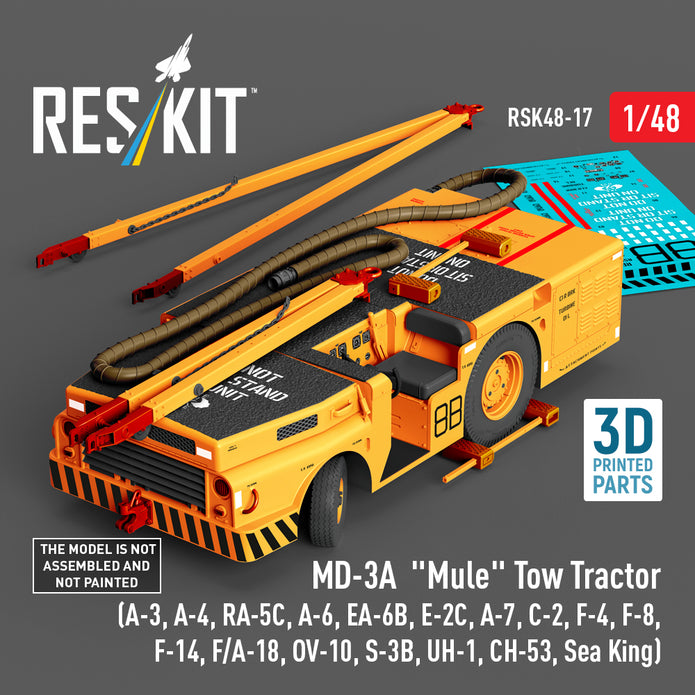 MD-3A Mule Tow Tractor (A-3, A-4, RA-5C, A-6, EA-6B, E-2C, A-7, C-2, F-4, F-8, F-14, F/A-18, OV-10, S-3B, UH-1, CH-53, Sea King) (3D Printed model kit) Scale 1:48 ResKit RSK48-0017
