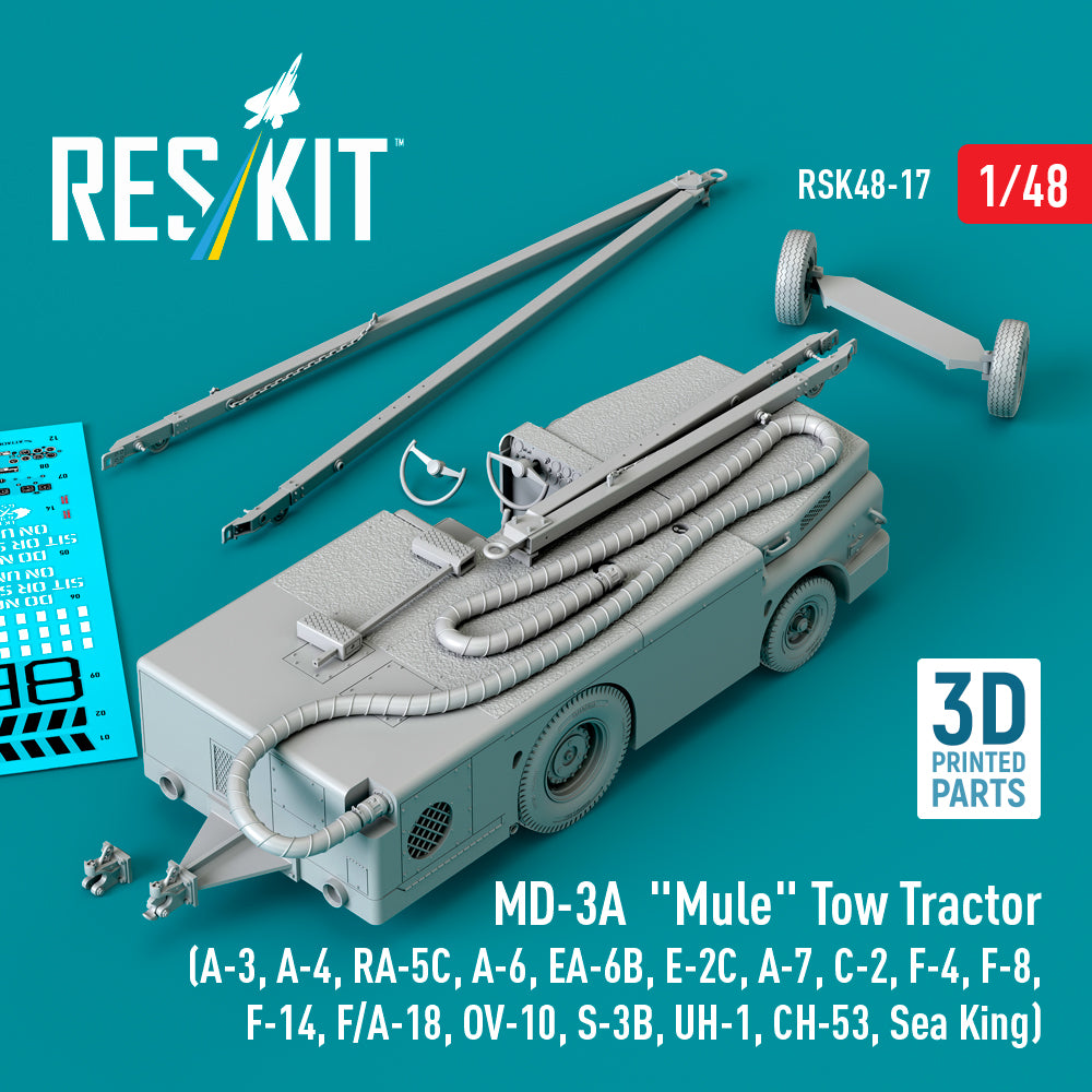 MD-3A Mule Tow Tractor (A-3, A-4, RA-5C, A-6, EA-6B, E-2C, A-7, C-2, F-4, F-8, F-14, F/A-18, OV-10, S-3B, UH-1, CH-53, Sea King) (3D Printed model kit) Scale 1:48 ResKit RSK48-0017