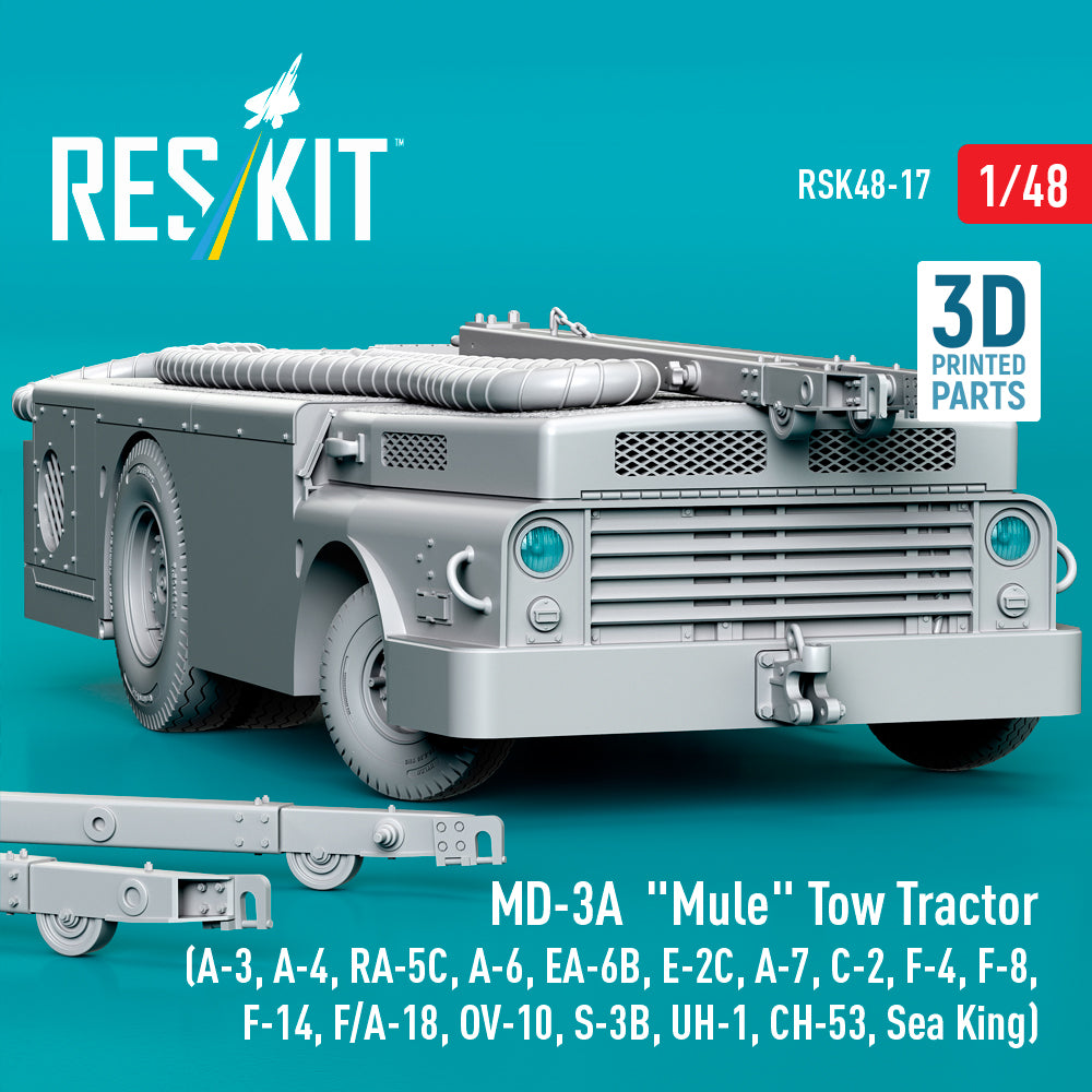 MD-3A Mule Tow Tractor (A-3, A-4, RA-5C, A-6, EA-6B, E-2C, A-7, C-2, F-4, F-8, F-14, F/A-18, OV-10, S-3B, UH-1, CH-53, Sea King) (3D Printed model kit) Scale 1:48 ResKit RSK48-0017