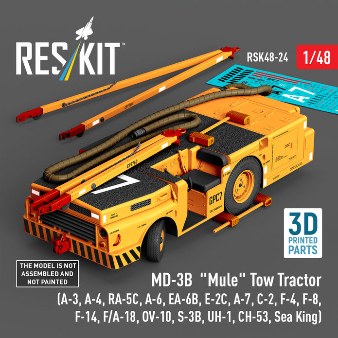 MD-3B Mule Tow Tractor (A-3, A-4, RA-5C, A-6, EA-6B, E-2C, A-7, C-2, F-4, F-8, F-14, F/A-18, OV-10, S-3B, UH-1, CH-53, Sea King) (3D Printed model kit) Scale 1:48 ResKit RSK48-0024