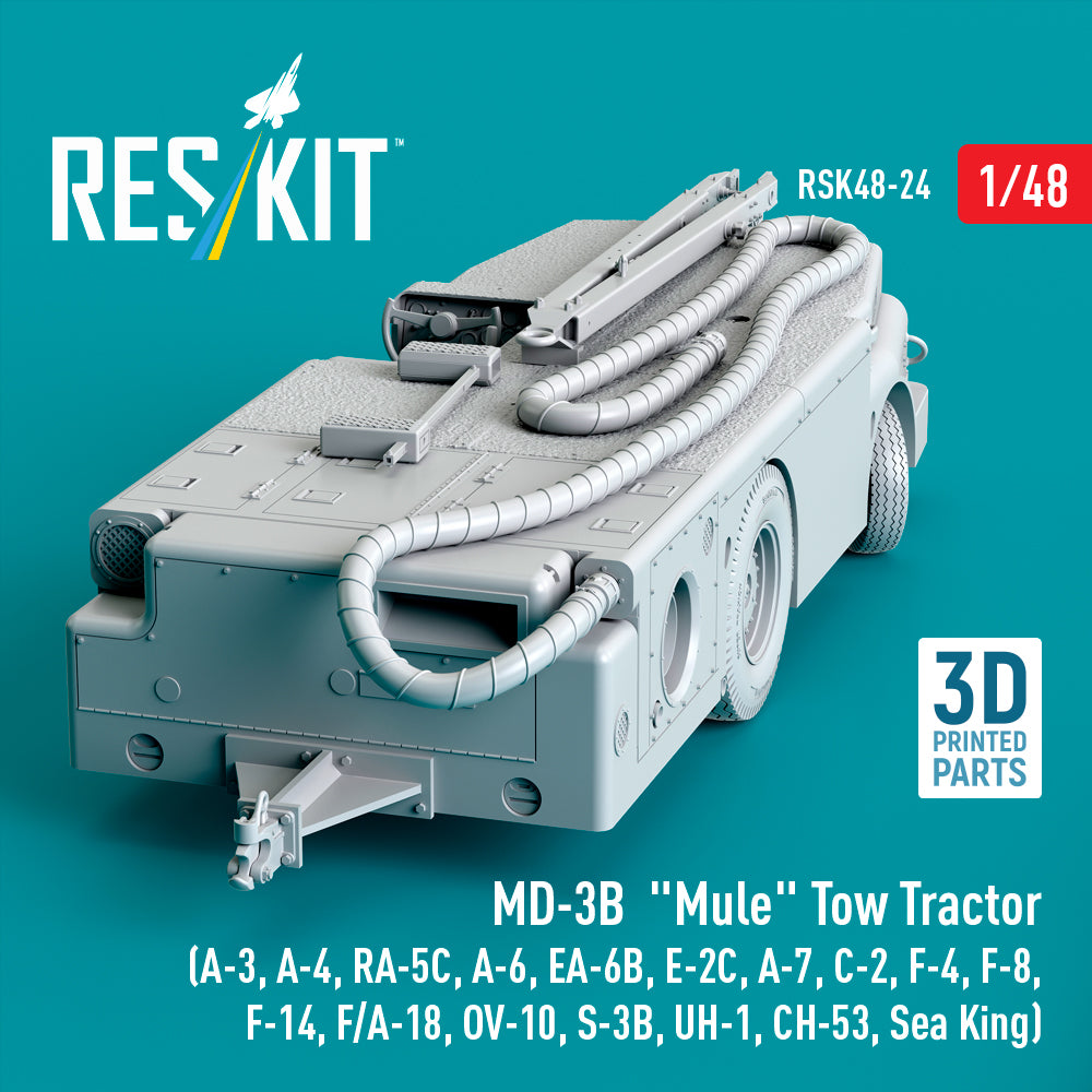 MD-3B Mule Tow Tractor (A-3, A-4, RA-5C, A-6, EA-6B, E-2C, A-7, C-2, F-4, F-8, F-14, F/A-18, OV-10, S-3B, UH-1, CH-53, Sea King) (3D Printed model kit) Scale 1:48 ResKit RSK48-0024