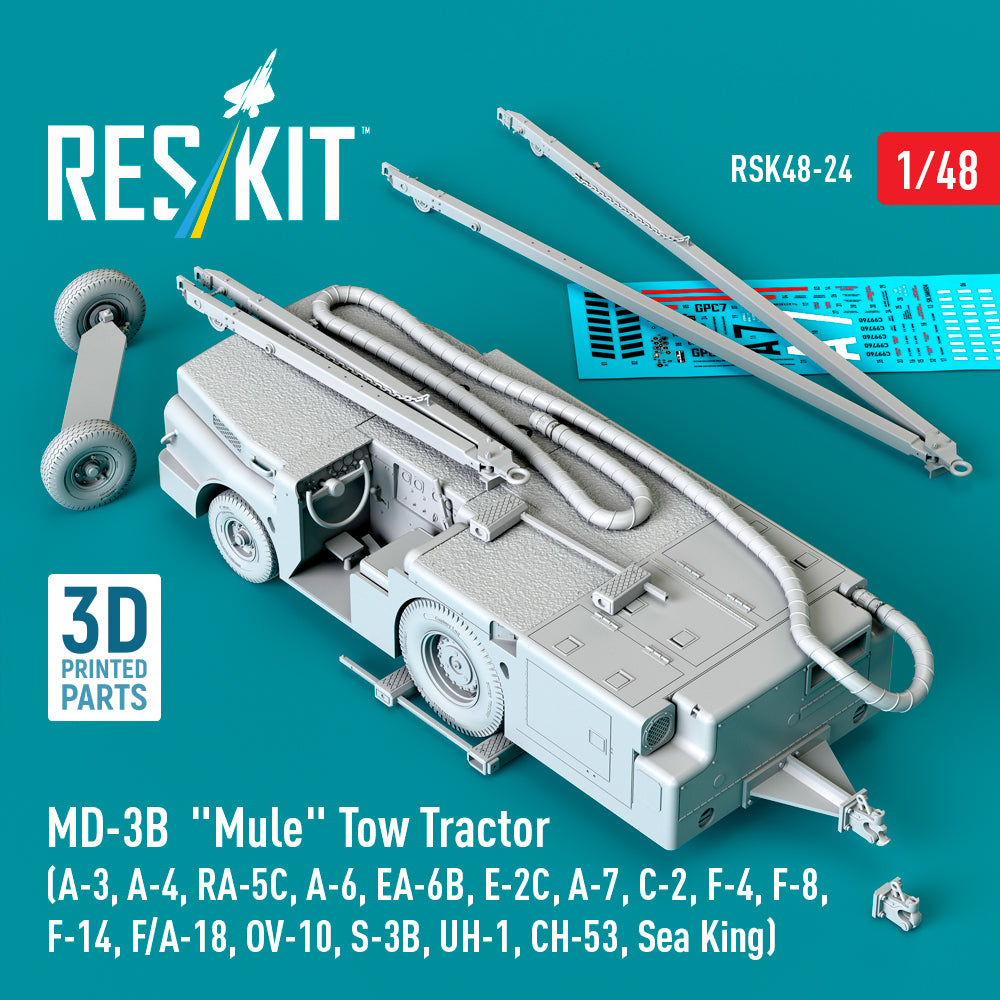 MD-3B Mule Tow Tractor (A-3, A-4, RA-5C, A-6, EA-6B, E-2C, A-7, C-2, F-4, F-8, F-14, F/A-18, OV-10, S-3B, UH-1, CH-53, Sea King) (3D Printed model kit) Scale 1:48 ResKit RSK48-0024