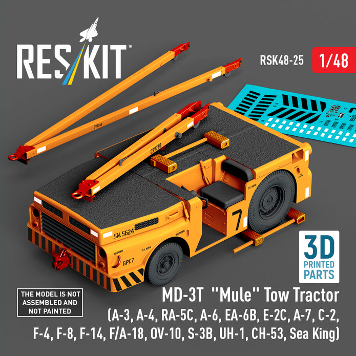 MD-3T Mule Tow Tractor (A-3, A-4, RA-5C, A-6, EA-6B, E-2C, A-7, C-2, F-4, F-8, F-14, F/A-18, OV-10, S-3B, UH-1, CH-53, Sea King) (3D Printed model kit) Scale 1:48 ResKit RSK48-0025