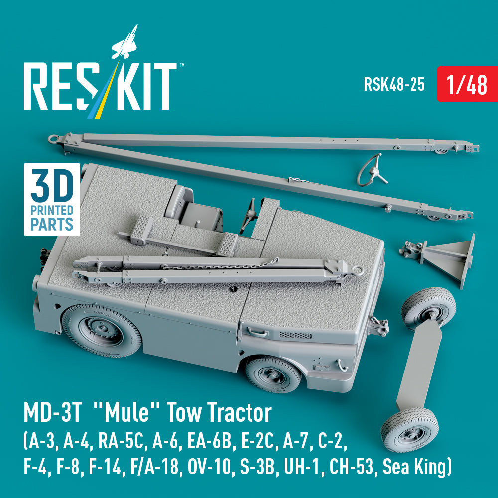 MD-3T Mule Tow Tractor (A-3, A-4, RA-5C, A-6, EA-6B, E-2C, A-7, C-2, F-4, F-8, F-14, F/A-18, OV-10, S-3B, UH-1, CH-53, Sea King) (3D Printed model kit) Scale 1:48 ResKit RSK48-0025