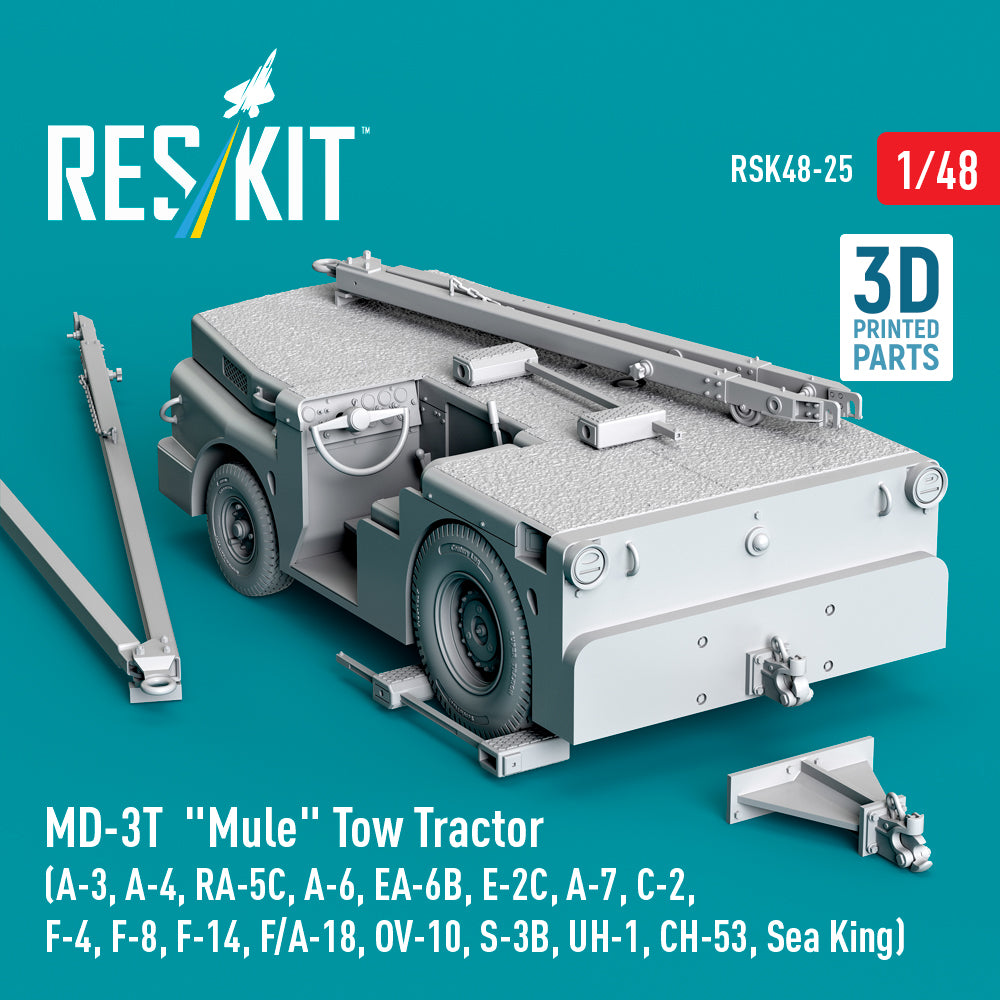 MD-3T Mule Tow Tractor (A-3, A-4, RA-5C, A-6, EA-6B, E-2C, A-7, C-2, F-4, F-8, F-14, F/A-18, OV-10, S-3B, UH-1, CH-53, Sea King) (3D Printed model kit) Scale 1:48 ResKit RSK48-0025