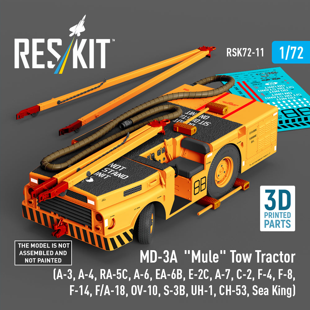 MD-3A Mule Tow Tractor (A-3, A-4, RA-5C, A-6, EA-6B, E-2C, A-7, C-2, F-4, F-8, F-14, F/A-18, OV-10, S-3B, UH-1, CH-53, Sea King) (3D Printed model kit) Scale 1:72 ResKit RSK72-0011