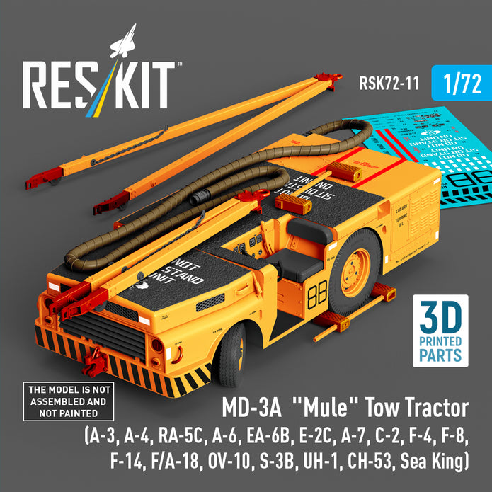 MD-3A Mule Tow Tractor (A-3, A-4, RA-5C, A-6, EA-6B, E-2C, A-7, C-2, F-4, F-8, F-14, F/A-18, OV-10, S-3B, UH-1, CH-53, Sea King) (3D Printed model kit) Scale 1:72 ResKit RSK72-0011