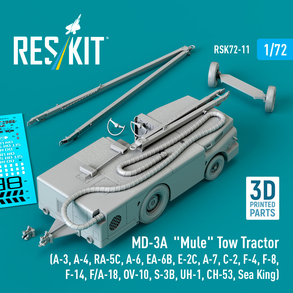 MD-3A Mule Tow Tractor (A-3, A-4, RA-5C, A-6, EA-6B, E-2C, A-7, C-2, F-4, F-8, F-14, F/A-18, OV-10, S-3B, UH-1, CH-53, Sea King) (3D Printed model kit) Scale 1:72 ResKit RSK72-0011