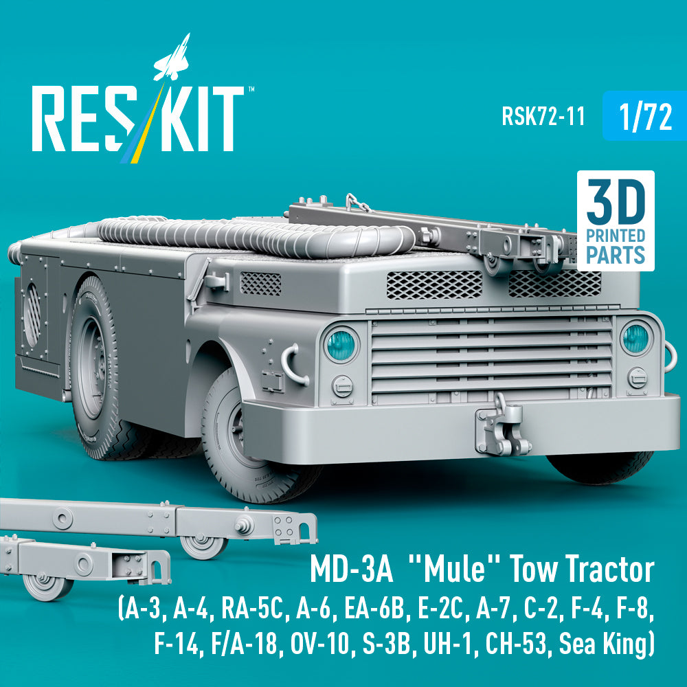 MD-3A Mule Tow Tractor (A-3, A-4, RA-5C, A-6, EA-6B, E-2C, A-7, C-2, F-4, F-8, F-14, F/A-18, OV-10, S-3B, UH-1, CH-53, Sea King) (3D Printed model kit) Scale 1:72 ResKit RSK72-0011