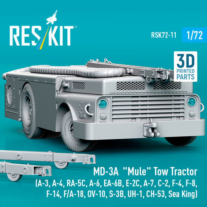 MD-3A Mule Tow Tractor (A-3, A-4, RA-5C, A-6, EA-6B, E-2C, A-7, C-2, F-4, F-8, F-14, F/A-18, OV-10, S-3B, UH-1, CH-53, Sea King) (3D Printed model kit) Scale 1:72 ResKit RSK72-0011