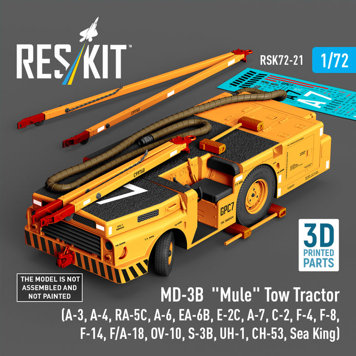 MD-3B Mule Tow Tractor (A-3, A-4, RA-5C, A-6, EA-6B, E-2C, A-7, C-2, F-4, F-8, F-14, F/A-18, OV-10, S-3B, UH-1, CH-53, Sea King) (3D Printed model kit) Scale 1:72 ResKit RSK72-0021