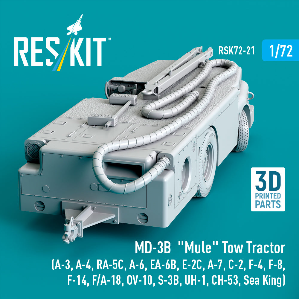 MD-3B Mule Tow Tractor (A-3, A-4, RA-5C, A-6, EA-6B, E-2C, A-7, C-2, F-4, F-8, F-14, F/A-18, OV-10, S-3B, UH-1, CH-53, Sea King) (3D Printed model kit) Scale 1:72 ResKit RSK72-0021