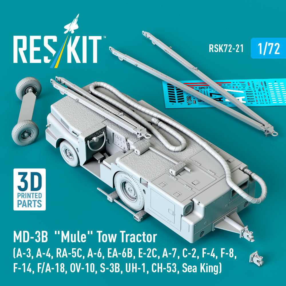 MD-3B Mule Tow Tractor (A-3, A-4, RA-5C, A-6, EA-6B, E-2C, A-7, C-2, F-4, F-8, F-14, F/A-18, OV-10, S-3B, UH-1, CH-53, Sea King) (3D Printed model kit) Scale 1:72 ResKit RSK72-0021