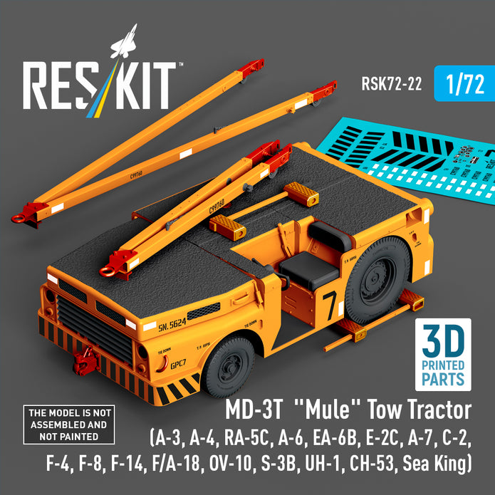 MD-3T Mule Tow Tractor (A-3, A-4, RA-5C, A-6, EA-6B, E-2C, A-7, C-2, F-4, F-8, F-14, F/A-18, OV-10, S-3B, UH-1, CH-53, Sea King) (3D Printed model kit) Scale 1:72 ResKit RSK72-0022