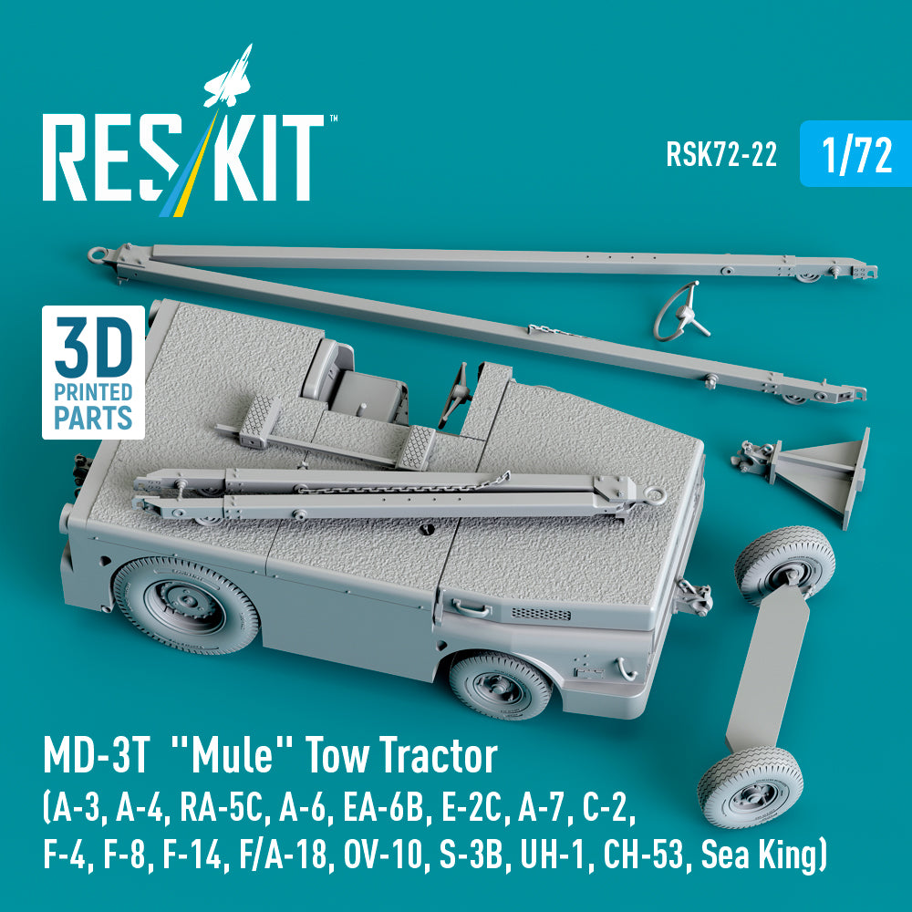 MD-3T Mule Tow Tractor (A-3, A-4, RA-5C, A-6, EA-6B, E-2C, A-7, C-2, F-4, F-8, F-14, F/A-18, OV-10, S-3B, UH-1, CH-53, Sea King) (3D Printed model kit) Scale 1:72 ResKit RSK72-0022