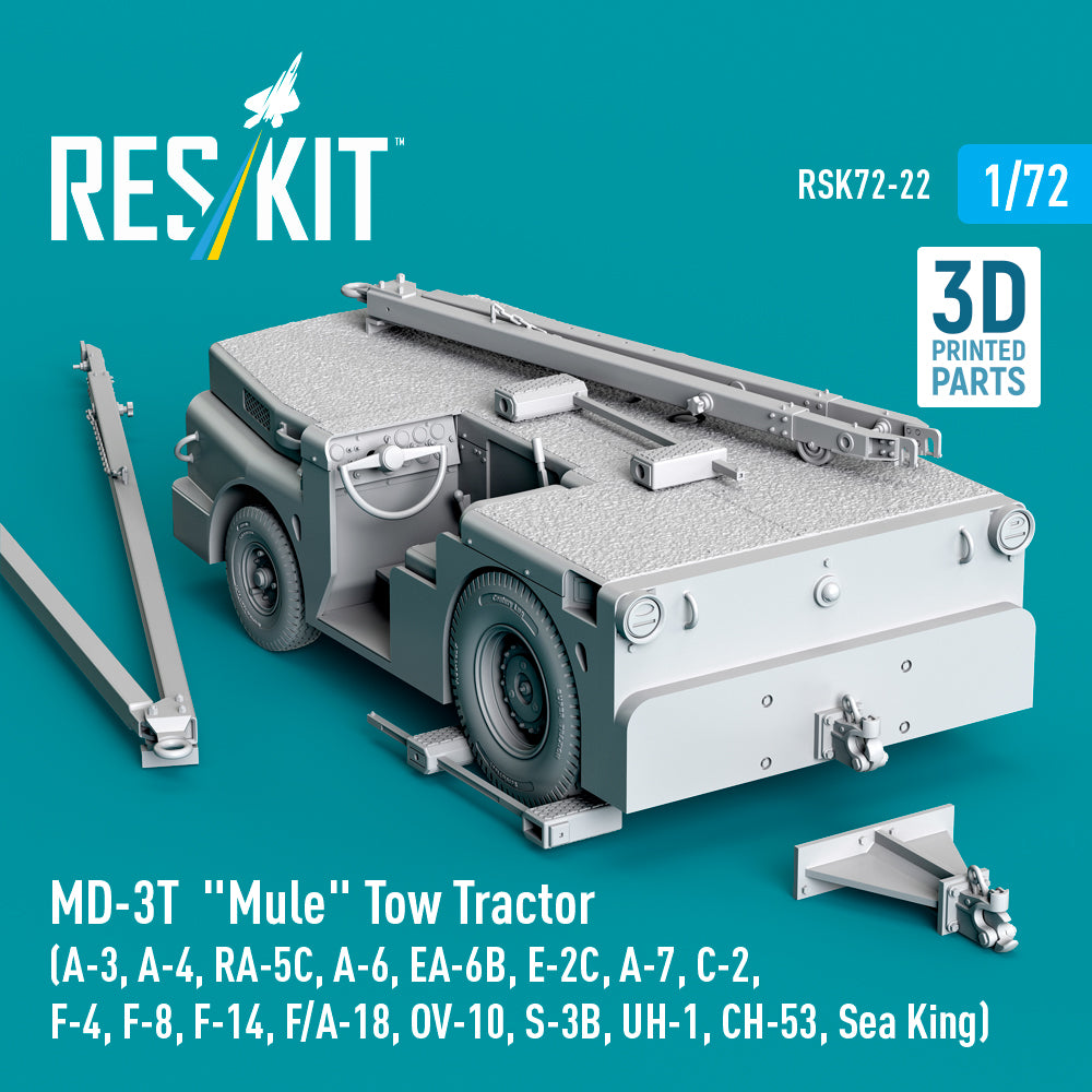 MD-3T Mule Tow Tractor (A-3, A-4, RA-5C, A-6, EA-6B, E-2C, A-7, C-2, F-4, F-8, F-14, F/A-18, OV-10, S-3B, UH-1, CH-53, Sea King) (3D Printed model kit) Scale 1:72 ResKit RSK72-0022