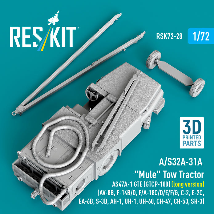 A/S32A-31A Mule Tow Tractor AS47A-1 GTE (GTCP-100) (long version) (AV-8B, F-14B/D, F/A-18C/D/E/F/G, C-2, E-2С, EA-6B, S-3B, AH-1, UH-1, UH-60, CH-47, CH-53, SH-3) (3D Printed model kit) Scale 1:72 ResKit RSK72-0028