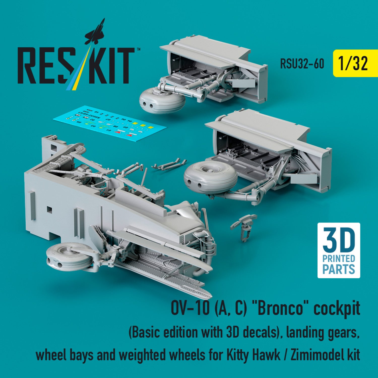 OV-10 (A, C) Bronco Cockpit (Basic edition with 3D Decals), Landing Gears, Wheel Bays and weighted Wheels for Kitty Hawk / Zimimodel kit (3D Printed) Scale 1:32 ResKit RSU32-0060 for Aircraft Model Kit