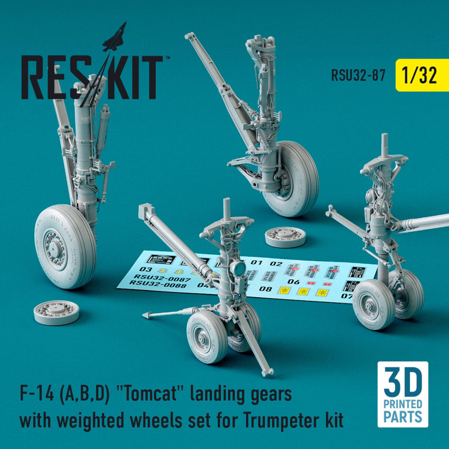 Grumman F-14 (A,B,D) Tomcat Landing Gears with weighted Wheels set for Trumpeter kit (3D Printing) Scale 1:32 ResKit RSU32-0087 for Aircraft Model Kit