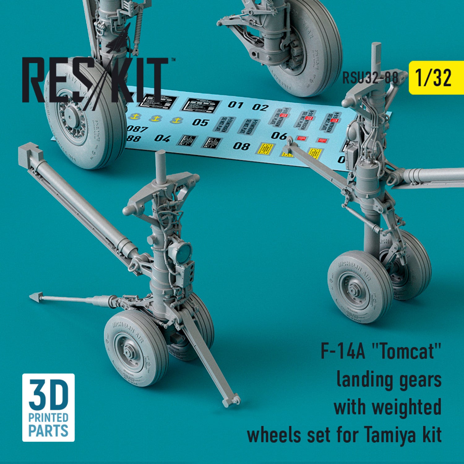 Grumman F-14A Tomcat Landing Gears with weighted Wheels set for Tamiya kit (3D Printing) Scale 1:32 ResKit RSU32-0088 for Aircraft Model Kit