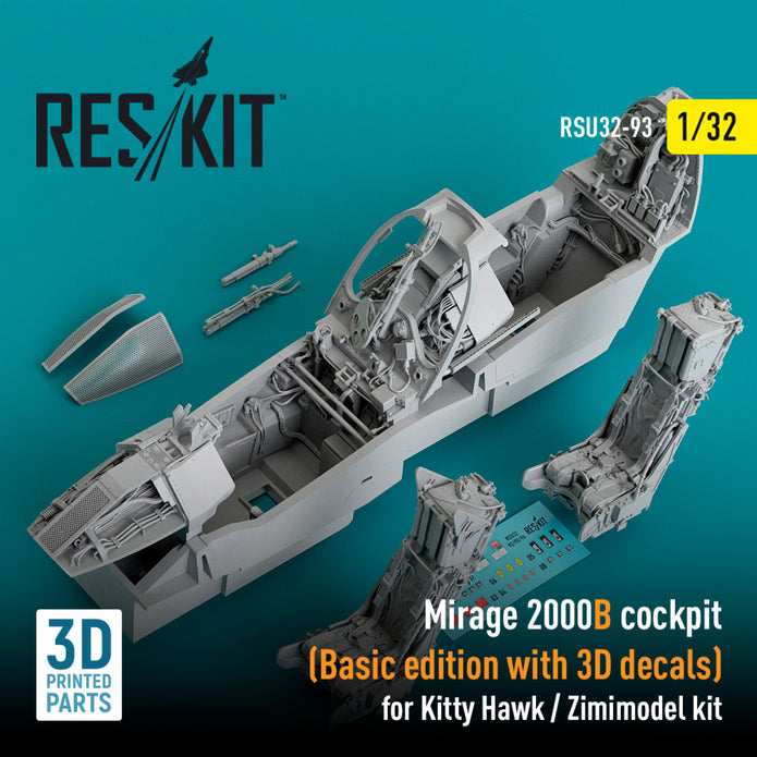 Dassault Mirage 2000B Cockpit (Basic edition with 3D Decals) for Kitty Hawk / Zimimodel kit (3D Printed) Scale 1:32 ResKit RSU32-0093