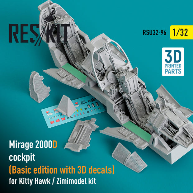 Dassault Mirage 2000D Cockpit (Basic edition with 3D Decals) for Kitty Hawk / Zimimodel kit (3D Printed) Scale 1:32 ResKit RSU32-0096 for Aircraft Model Kit