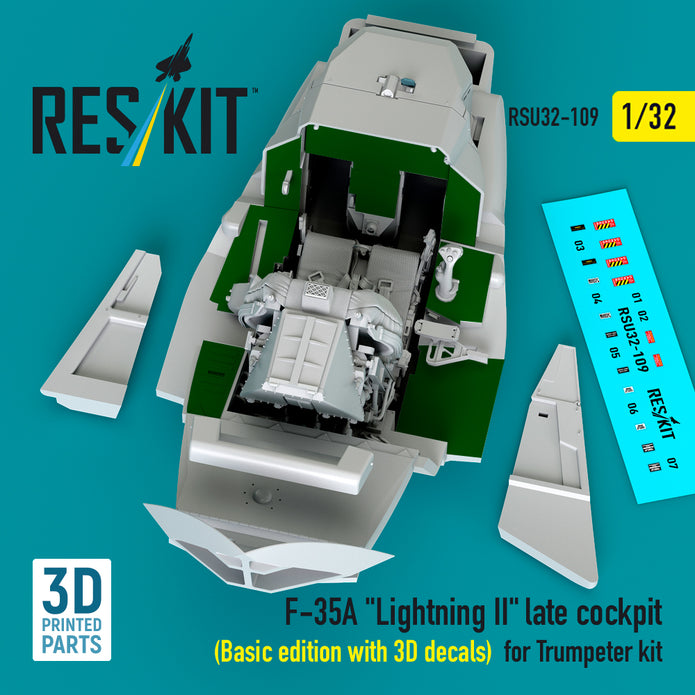 F-35A Lightning II late cockpit (Basic edition with 3D decals) for Trumpeter kit (3D Printed) Scale 1:32 ResKit RSU32-0109